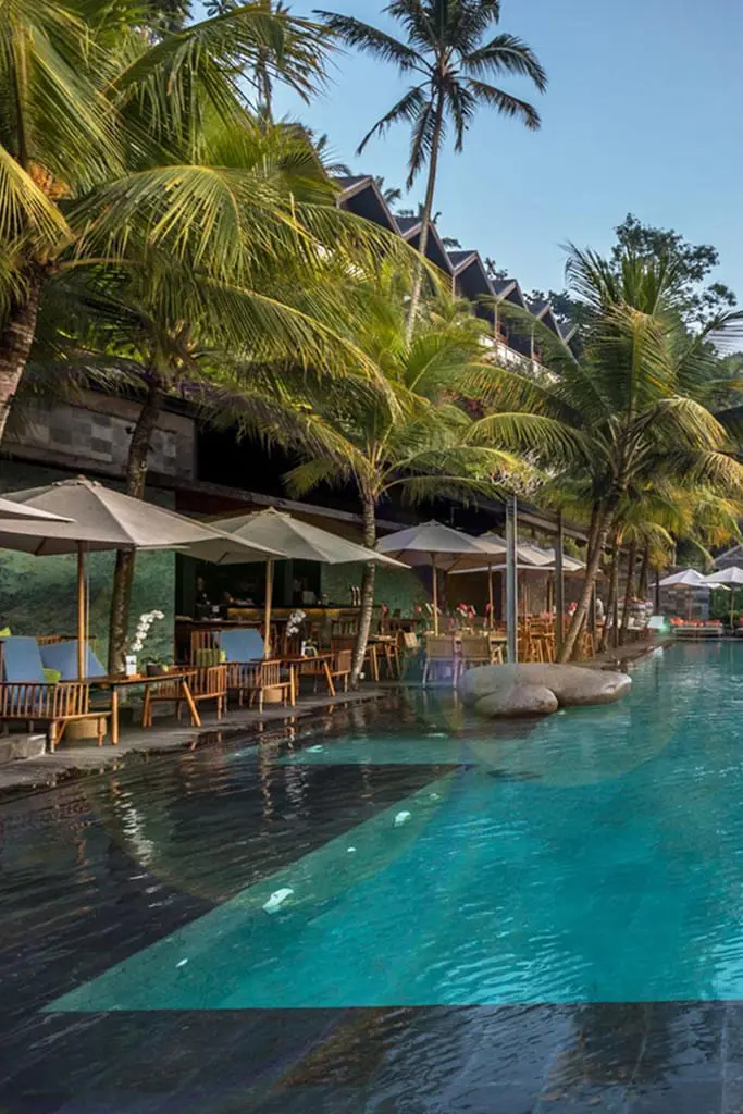Tropical swimming pool at a luxury casino hotel resort